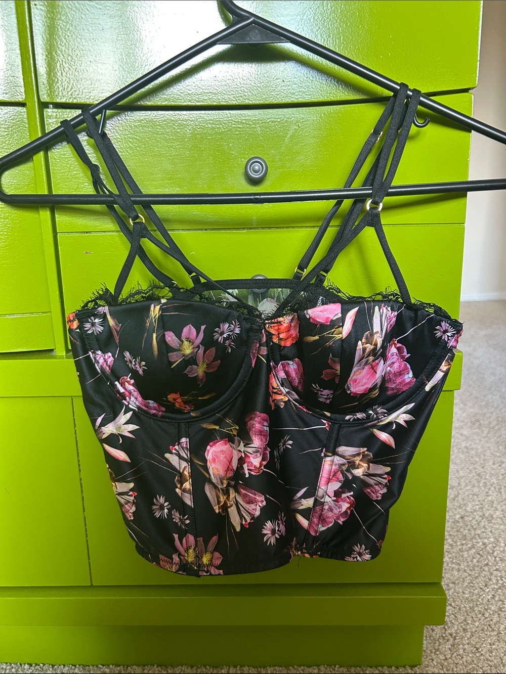 Black Floral Bustier Crop Top Bra 32C